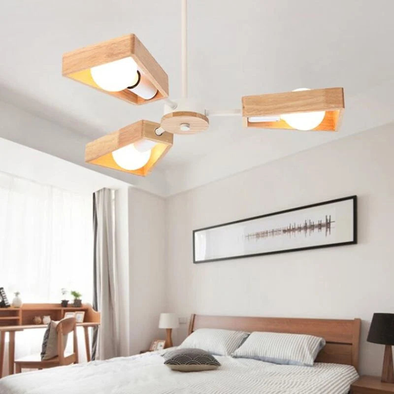 Chandelier Ceiling Light | Solid Wood Shades & Metal Frame | 3-8 Lights
