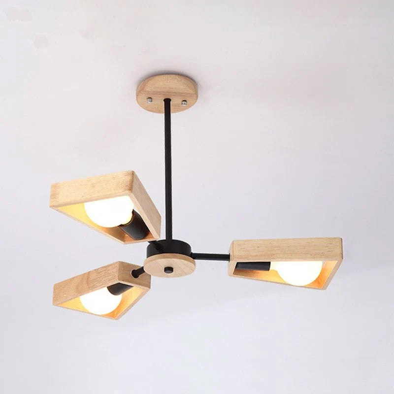 Chandelier Ceiling Light | Solid Wood Shades & Metal Frame | 3-8 Lights