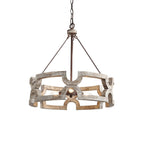 Chandelier | Round Aged Wood Frame & Iron Accents | 3-Light