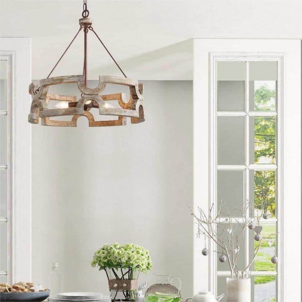 Chandelier | Round Aged Wood Frame & Iron Accents | 3-Light