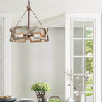 Chandelier | Round Aged Wood Frame & Iron Accents | 3-Light