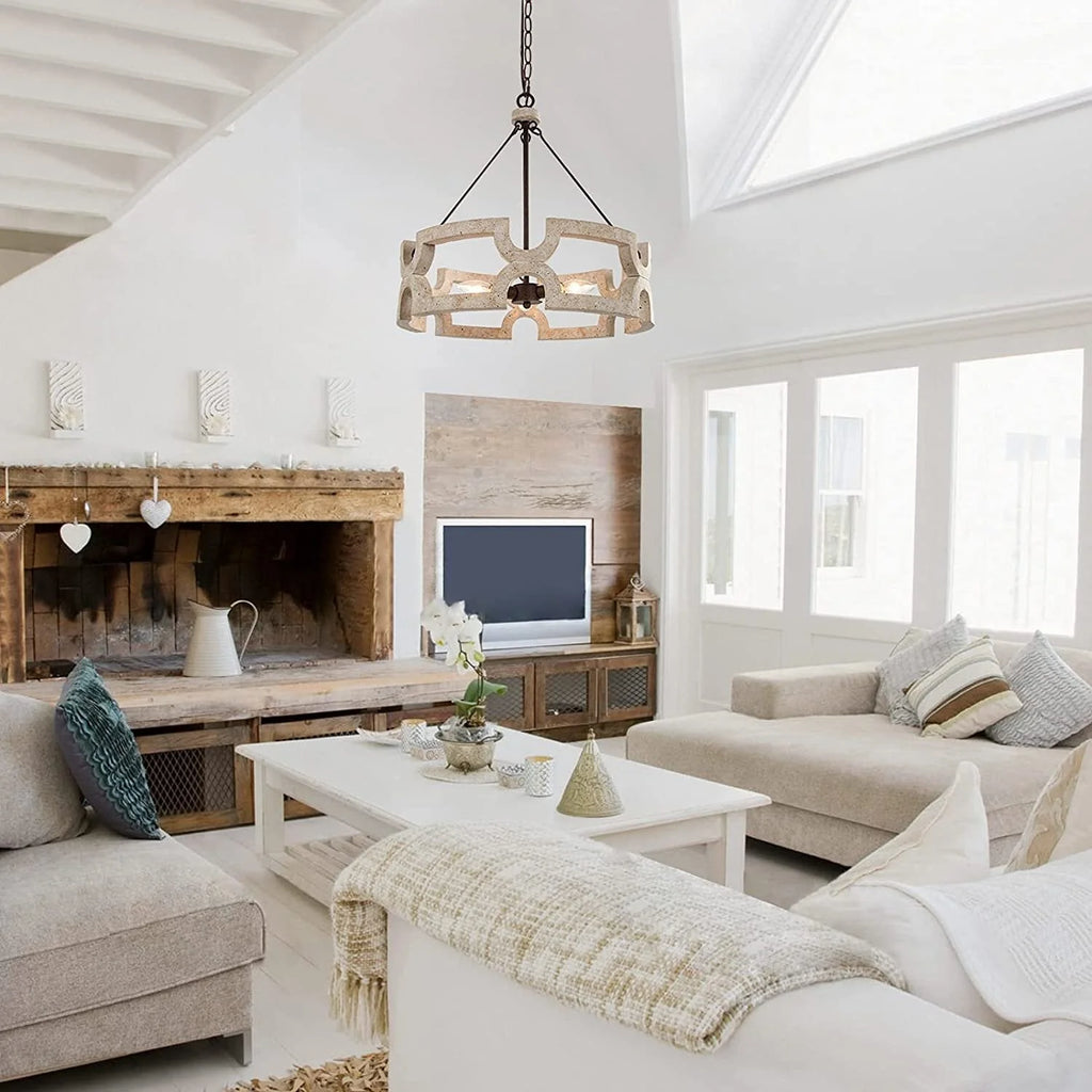 Chandelier | Round Aged Wood Frame & Iron Accents | 3-Light