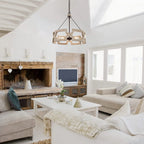 Chandelier | Round Aged Wood Frame & Iron Accents | 3-Light