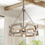 Chandelier | Round Aged Wood Frame & Iron Accents | 3-Light