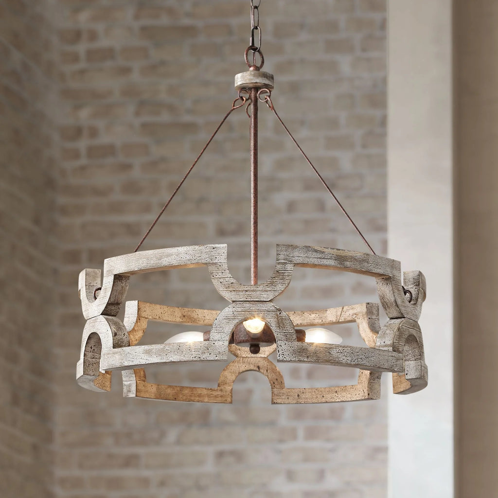 Chandelier | Round Aged Wood Frame & Iron Accents | 3-Light