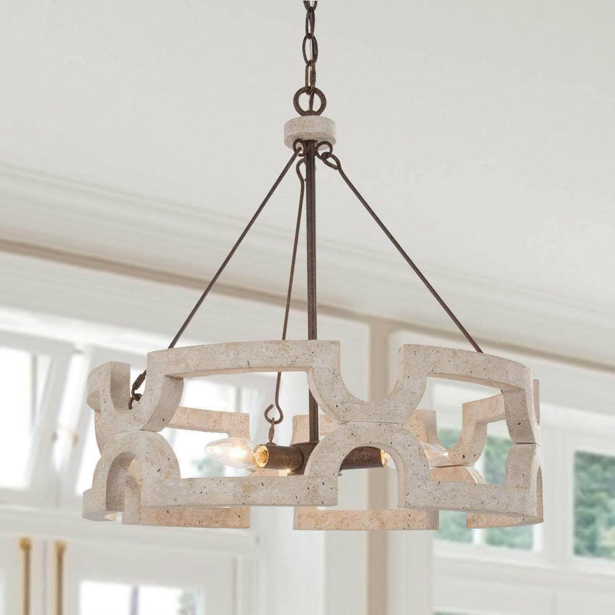 Chandelier | Round Aged Wood Frame & Iron Accents | 3-Light