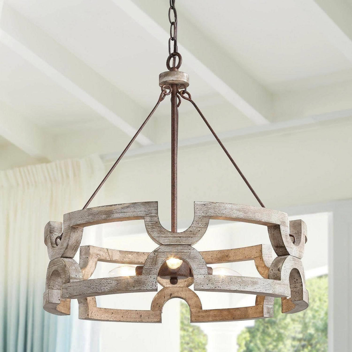 Chandelier | Round Aged Wood Frame & Iron Accents | 3-Light