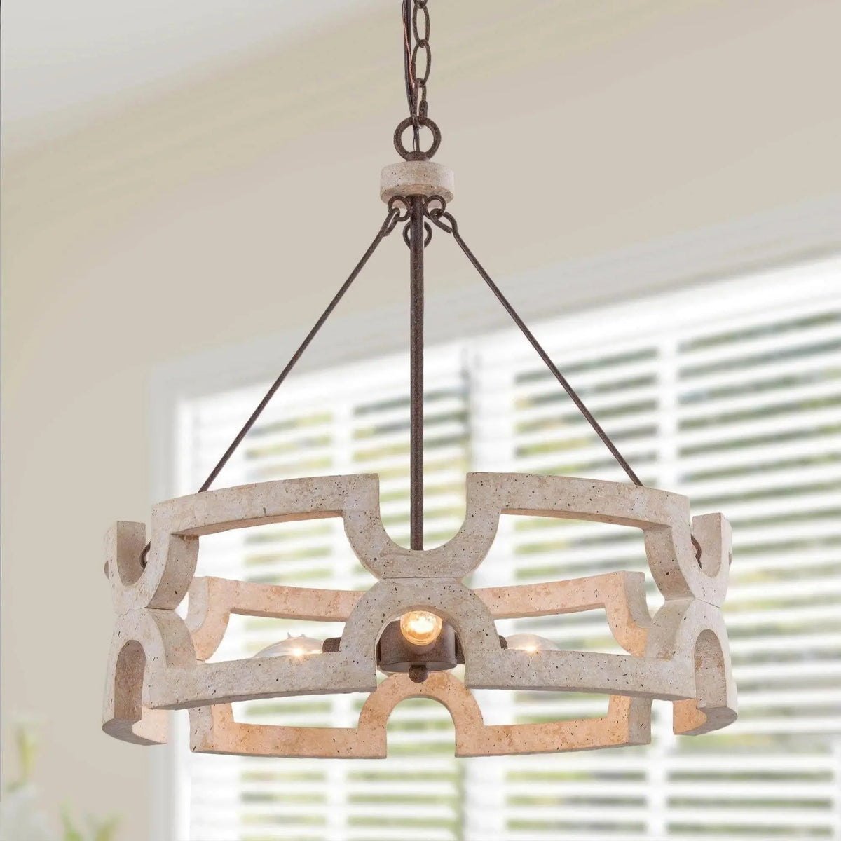 Chandelier | Round Aged Wood Frame & Iron Accents | 3-Light