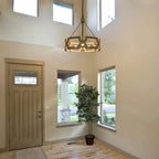 Chandelier | Round Aged Wood Frame & Iron Accents | 3-Light