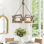 Chandelier | Round Aged Wood Frame & Iron Accents | 3-Light