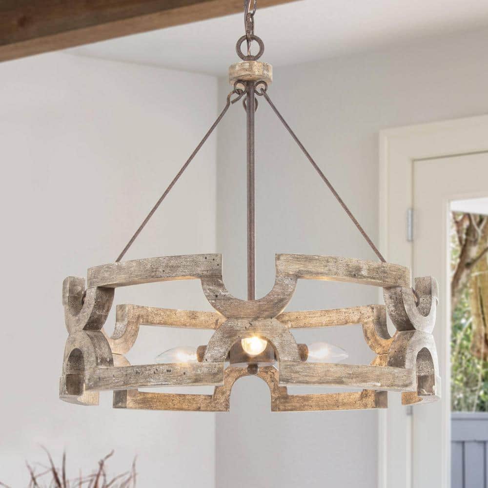 Chandelier | Round Aged Wood Frame & Iron Accents | 3-Light
