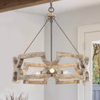 Chandelier | Round Aged Wood Frame & Iron Accents | 3-Light