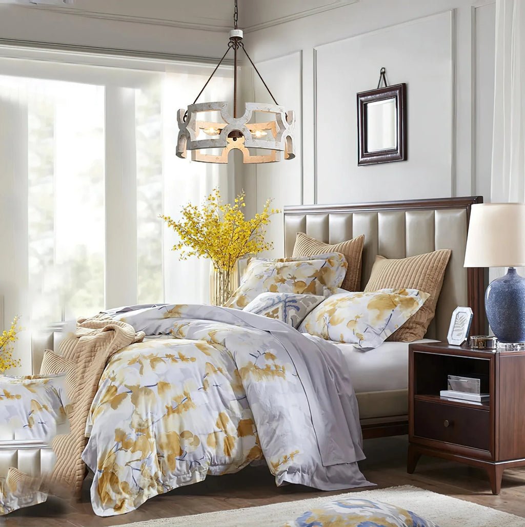 Chandelier | Round Aged Wood Frame & Iron Accents | 3-Light