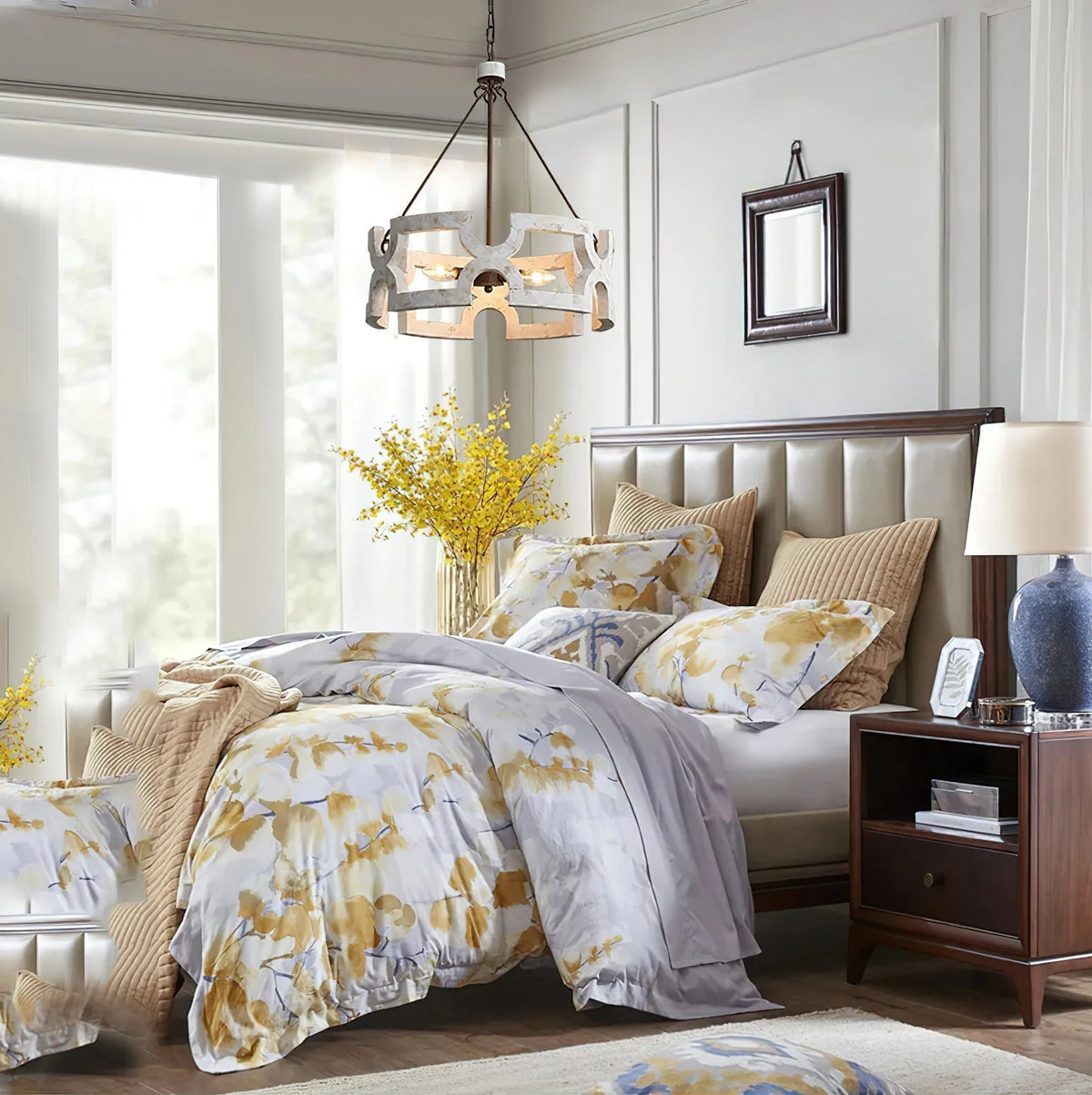 Chandelier | Round Aged Wood Frame & Iron Accents | 3-Light