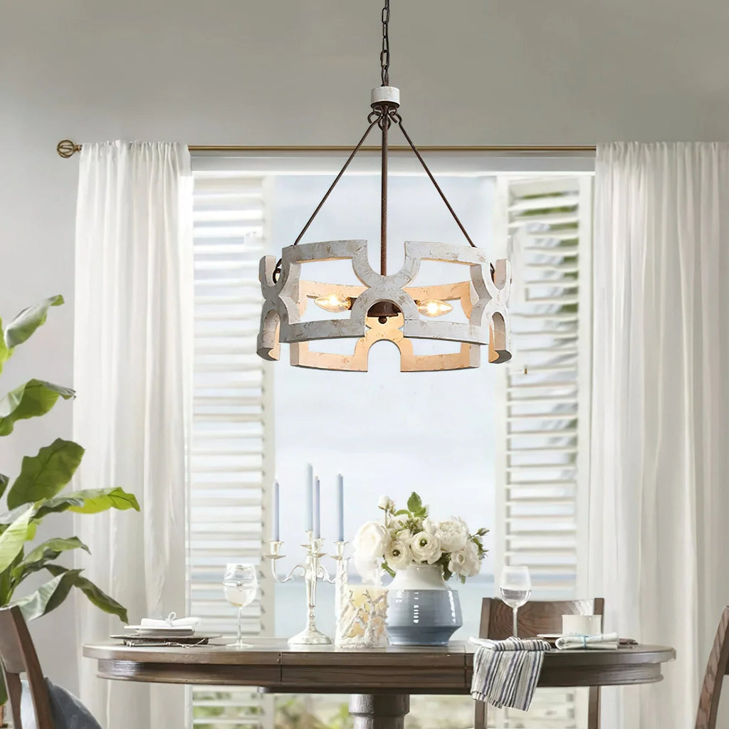 Chandelier | Round Aged Wood Frame & Iron Accents | 3-Light
