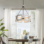 Chandelier | Round Aged Wood Frame & Iron Accents | 3-Light