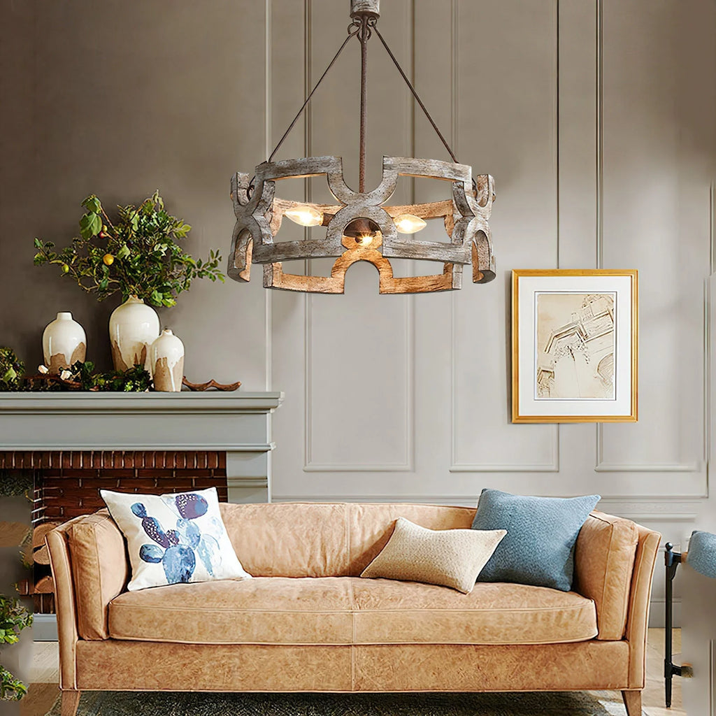 Chandelier | Round Aged Wood Frame & Iron Accents | 3-Light