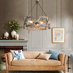 Chandelier | Round Aged Wood Frame & Iron Accents | 3-Light