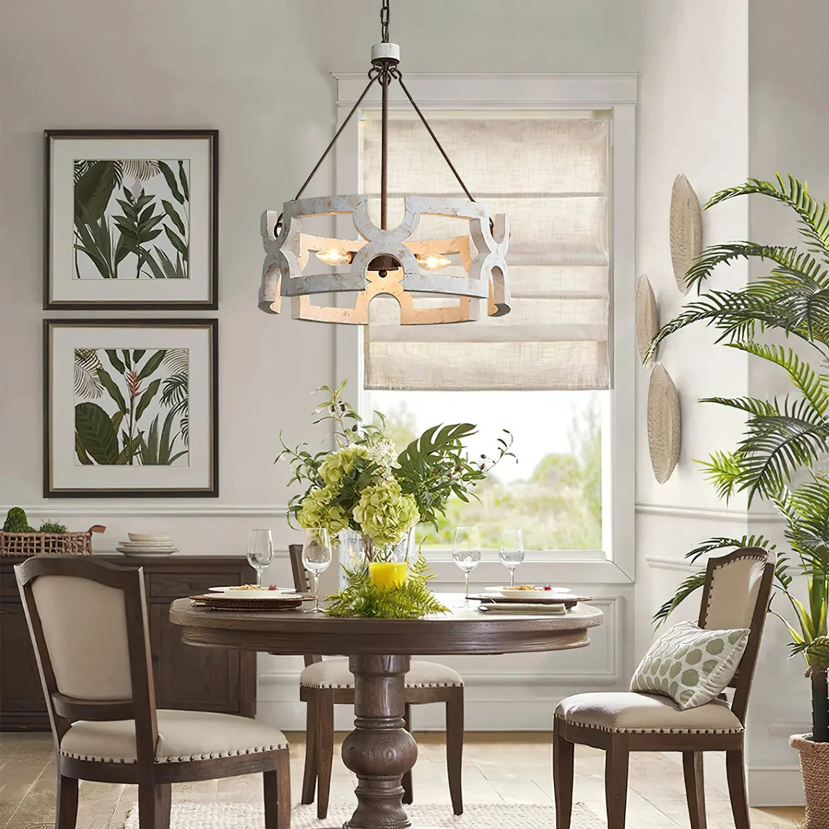 Chandelier | Round Aged Wood Frame & Iron Accents | 3-Light