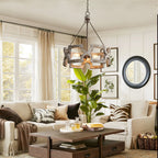 Chandelier | Round Aged Wood Frame & Iron Accents | 3-Light