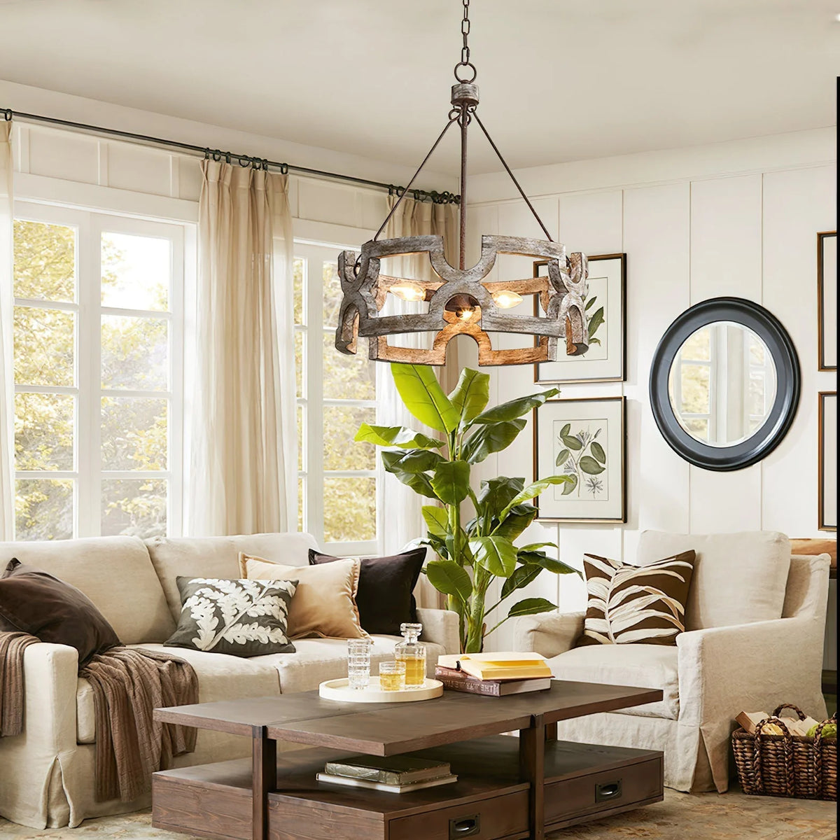 Chandelier | Round Aged Wood Frame & Iron Accents | 3-Light