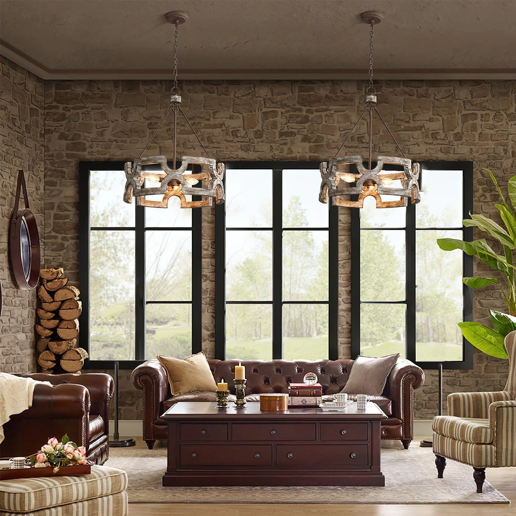 Chandelier | Round Aged Wood Frame & Iron Accents | 3-Light