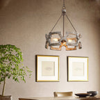 Chandelier | Round Aged Wood Frame & Iron Accents | 3-Light