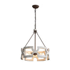 Chandelier | Round Aged Wood Frame & Iron Accents | 3-Light