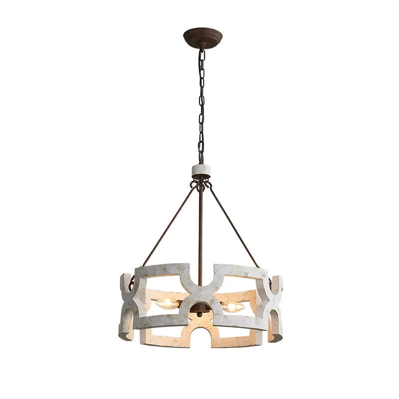 Chandelier | Round Aged Wood Frame & Iron Accents | 3-Light