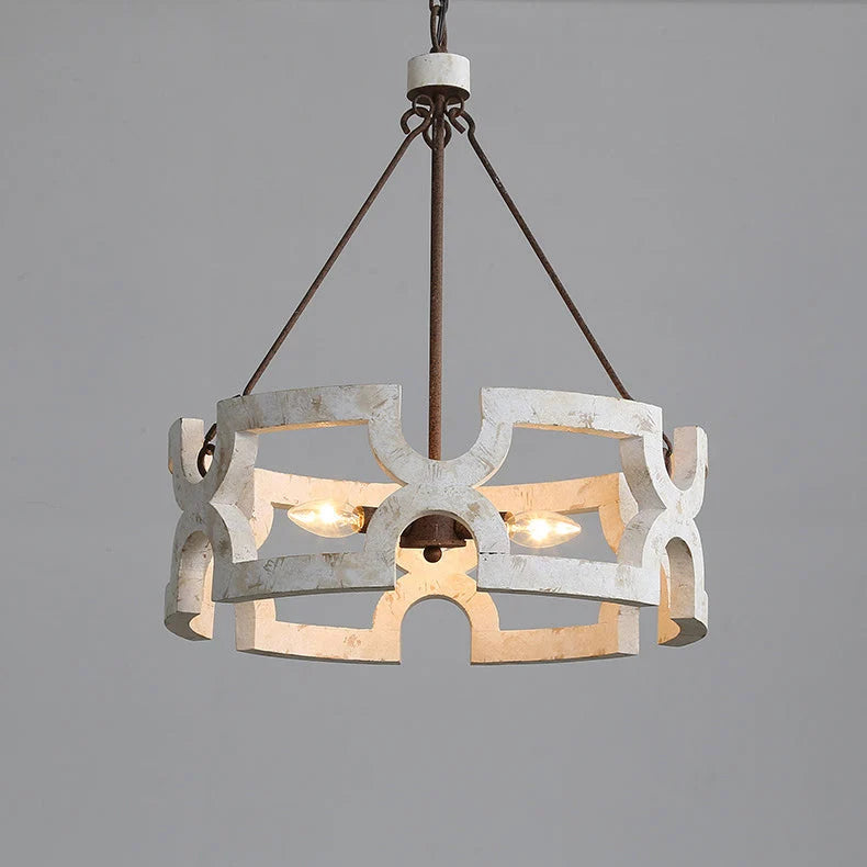 Chandelier | Round Aged Wood Frame & Iron Accents | 3-Light