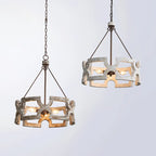 Chandelier | Round Aged Wood Frame & Iron Accents | 3-Light