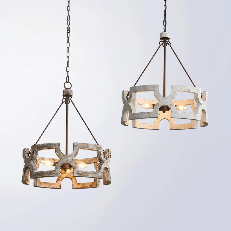 Chandelier | Round Aged Wood Frame & Iron Accents | 3-Light