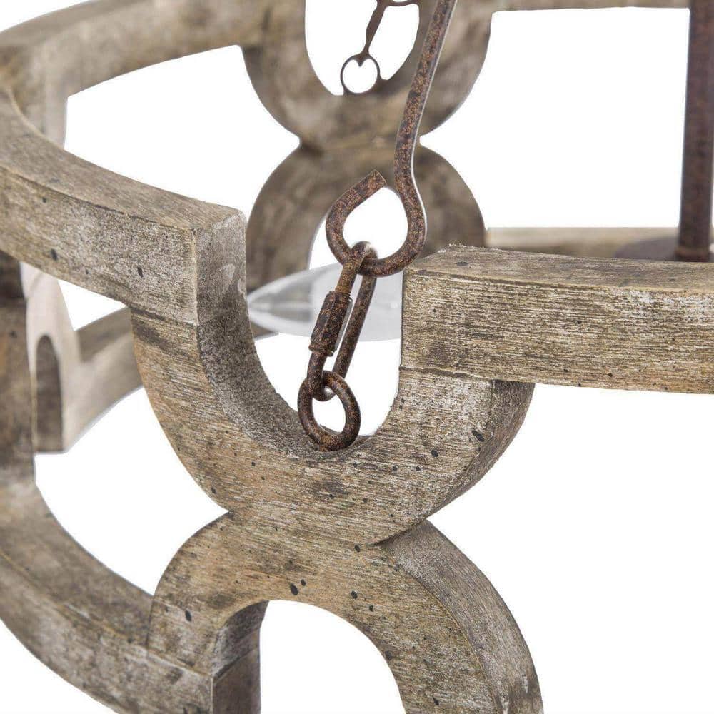 Chandelier | Round Aged Wood Frame & Iron Accents | 3-Light