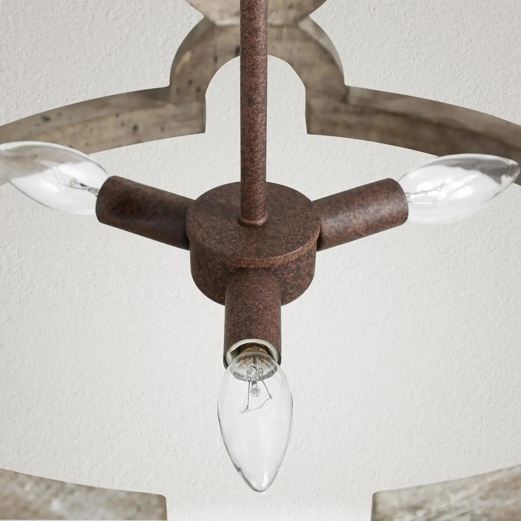 Chandelier | Round Aged Wood Frame & Iron Accents | 3-Light