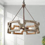 Chandelier | Round Aged Wood Frame & Iron Accents | 3-Light