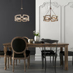 Chandelier | Round Aged Wood Frame & Iron Accents | 3-Light