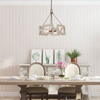 Chandelier | Round Aged Wood Frame & Iron Accents | 3-Light