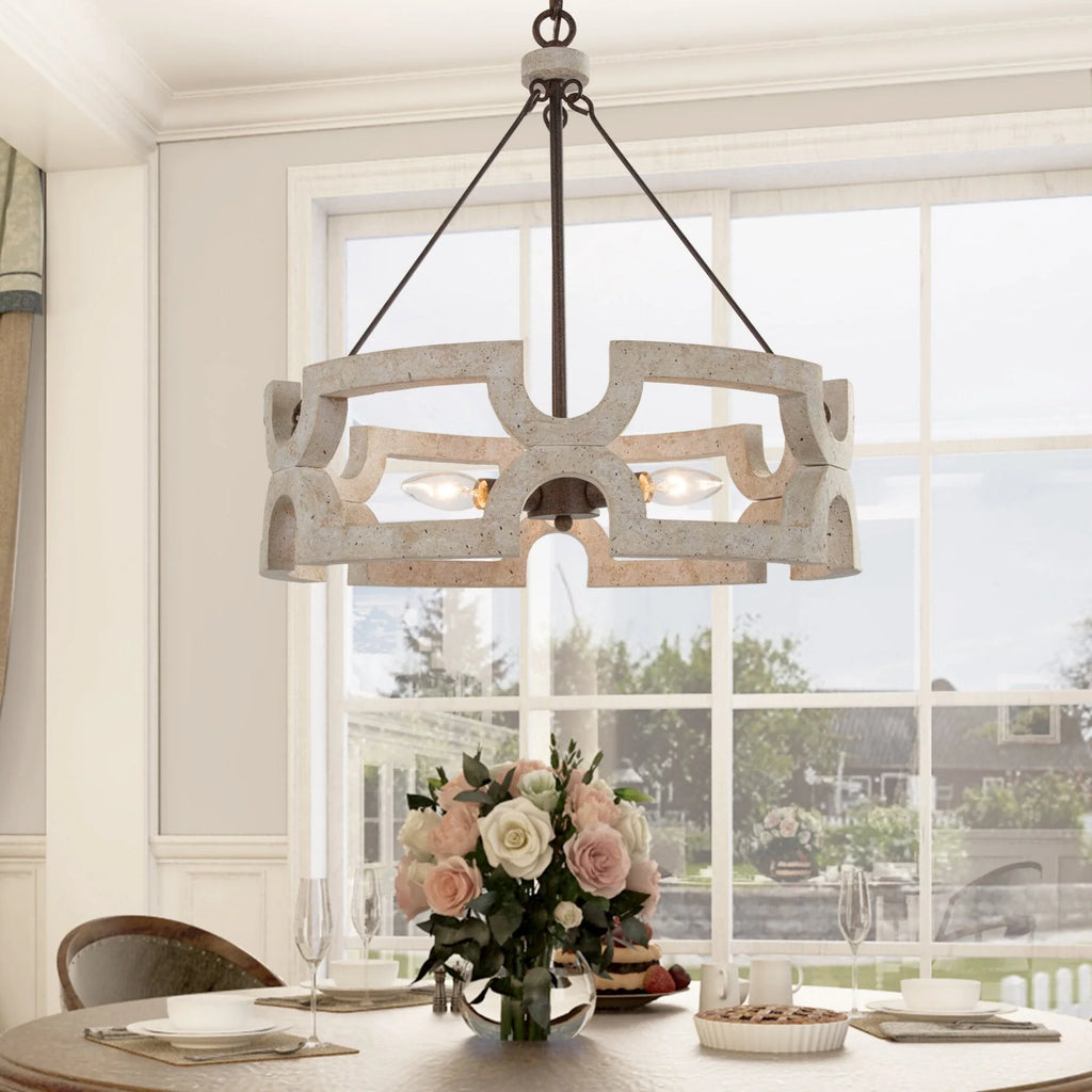 Chandelier | Round Aged Wood Frame & Iron Accents | 3-Light