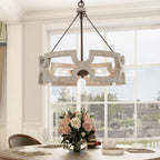 Chandelier | Round Aged Wood Frame & Iron Accents | 3-Light