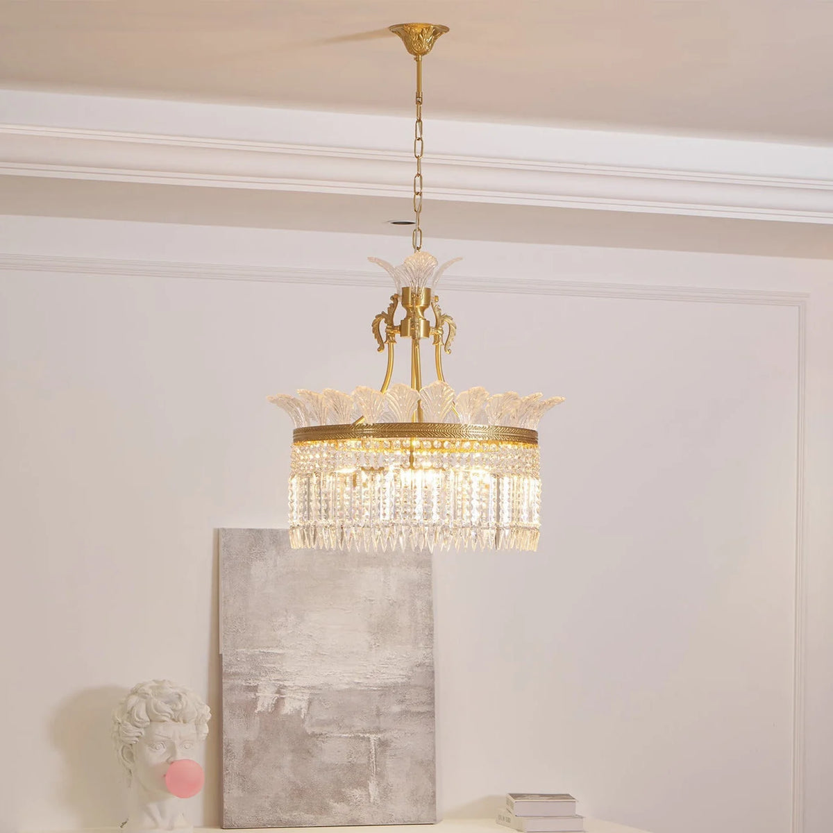 Chandelier | Round Brass & Crystal Prisms | Adjustable Chain