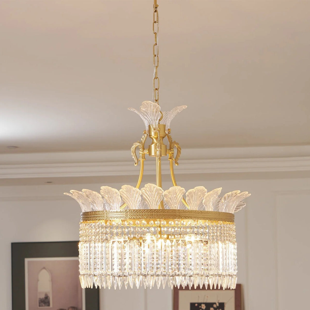 Chandelier | Round Brass & Crystal Prisms | Adjustable Chain