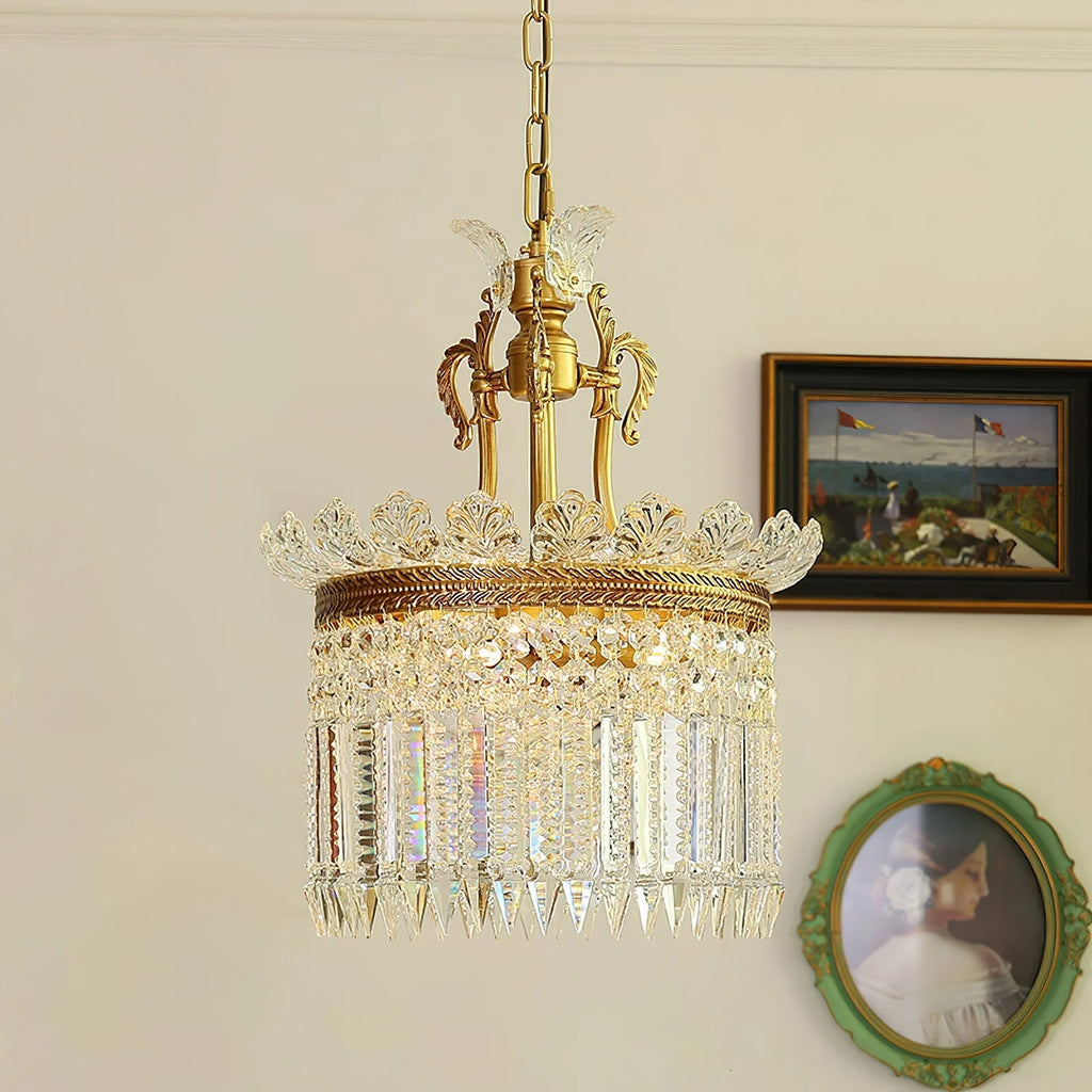 Chandelier | Round Brass & Crystal Prisms | Adjustable Chain