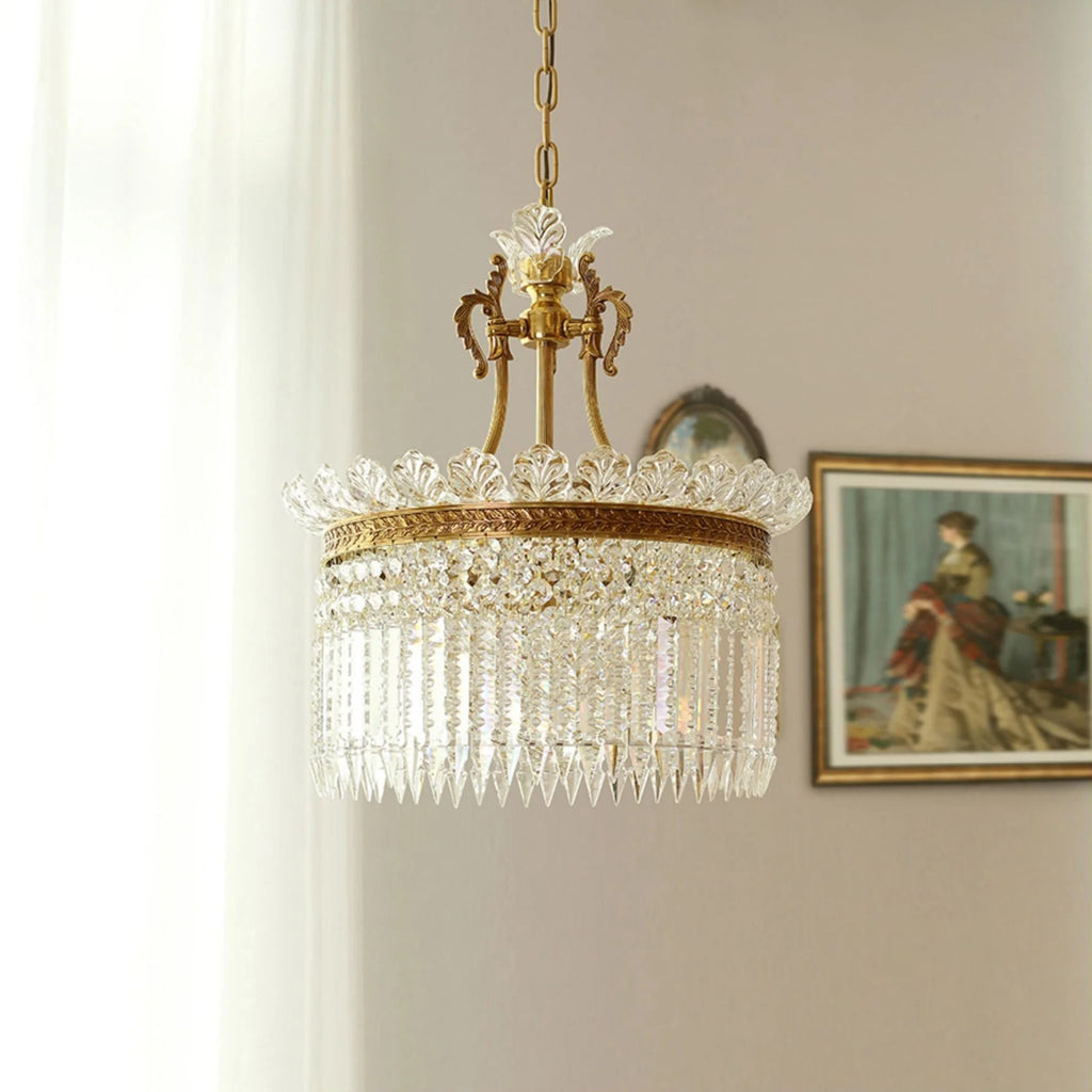 Chandelier | Round Brass & Crystal Prisms | Adjustable Chain