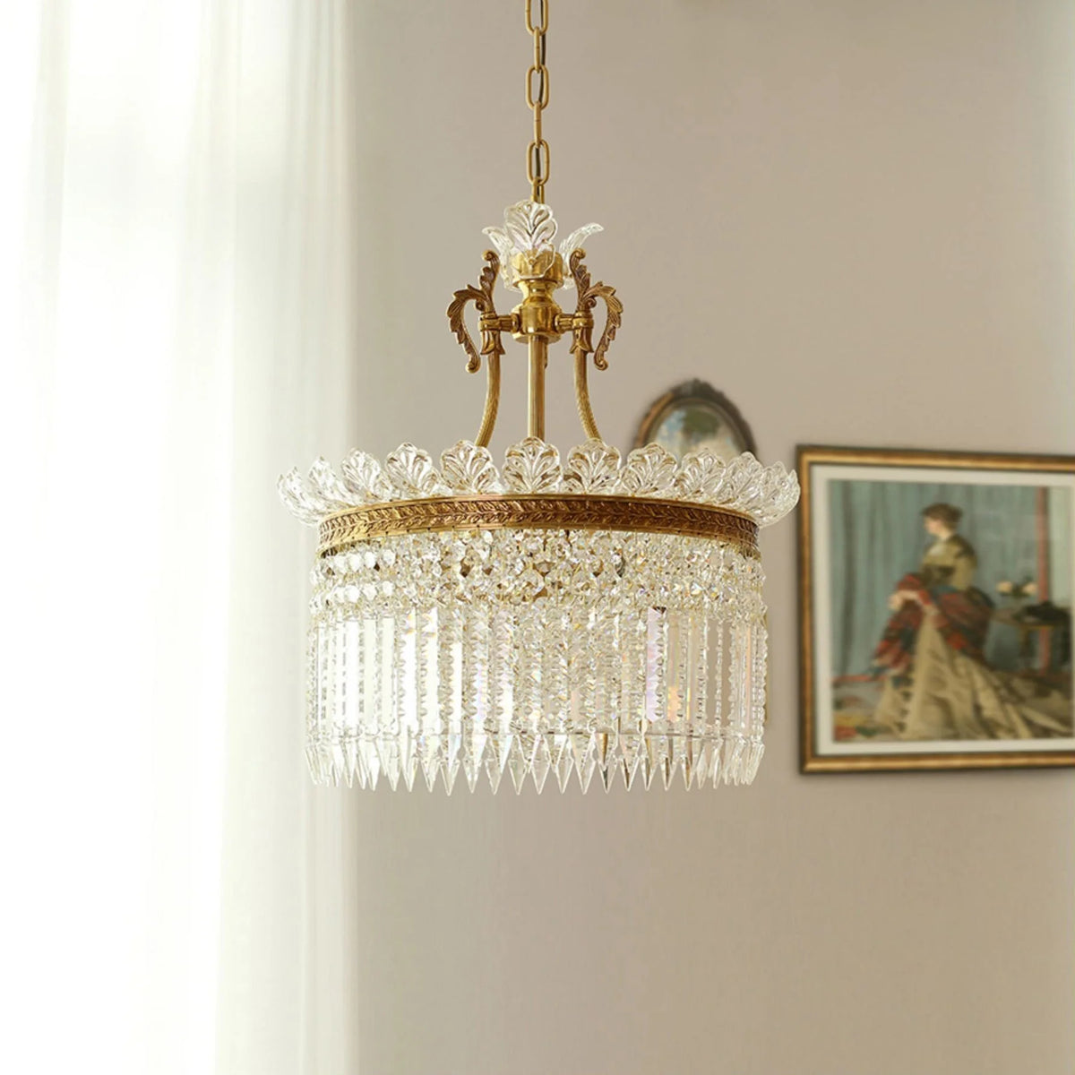 Chandelier | Round Brass & Crystal Prisms | Adjustable Chain