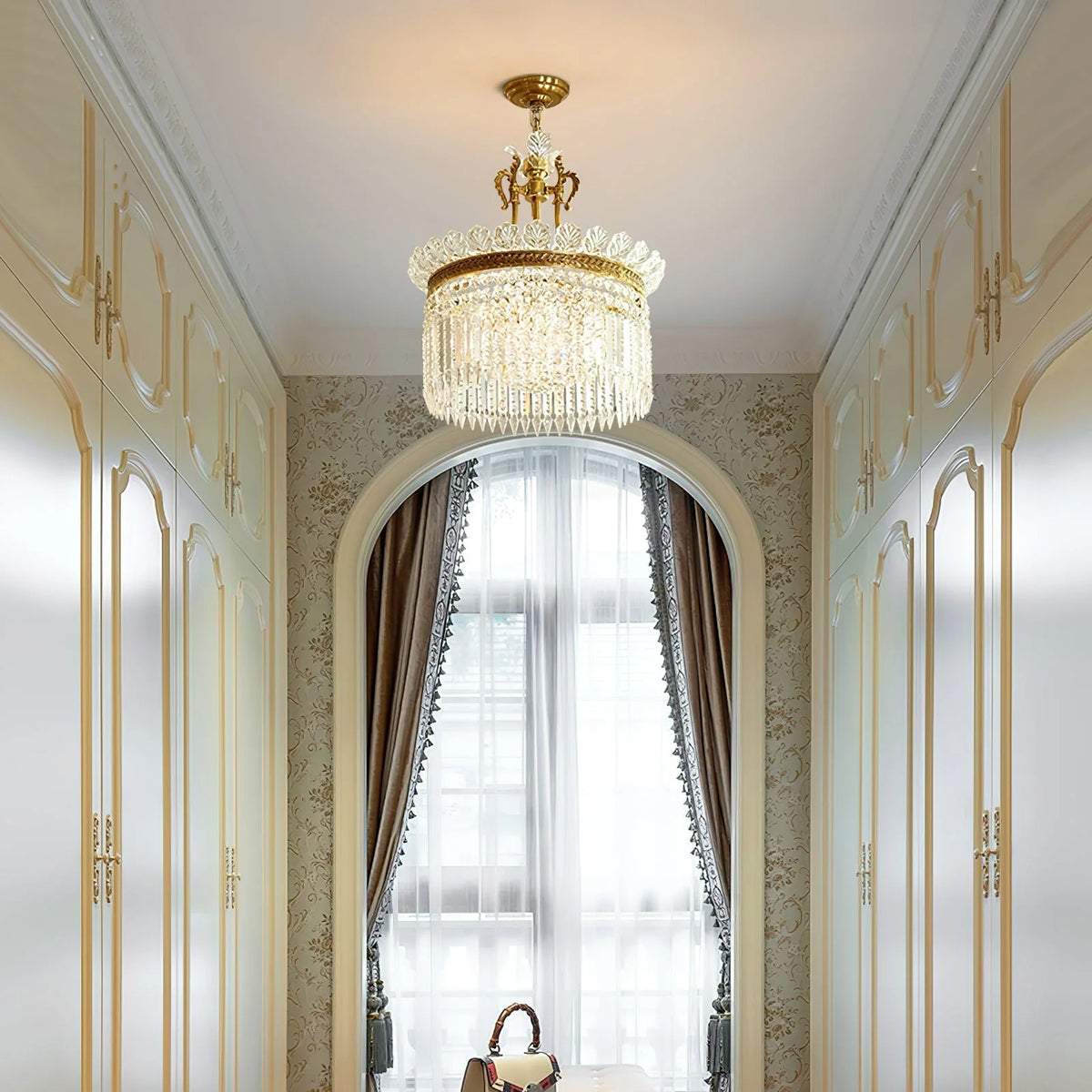 Chandelier | Round Brass & Crystal Prisms | Adjustable Chain