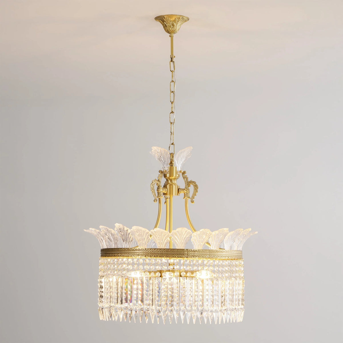 Chandelier | Round Brass & Crystal Prisms | Adjustable Chain