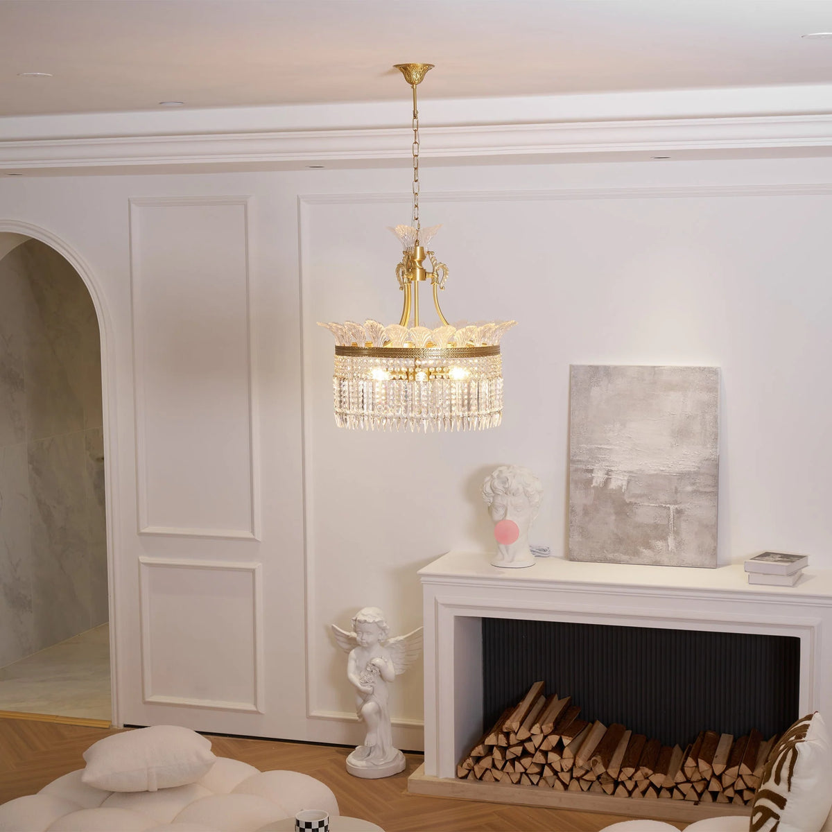 Chandelier | Round Brass & Crystal Prisms | Adjustable Chain