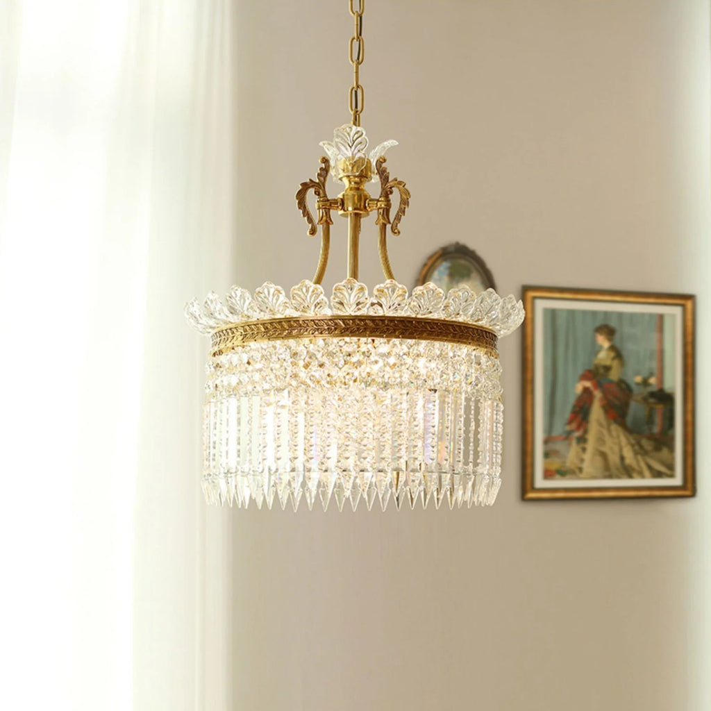 Chandelier | Round Brass & Crystal Prisms | Adjustable Chain