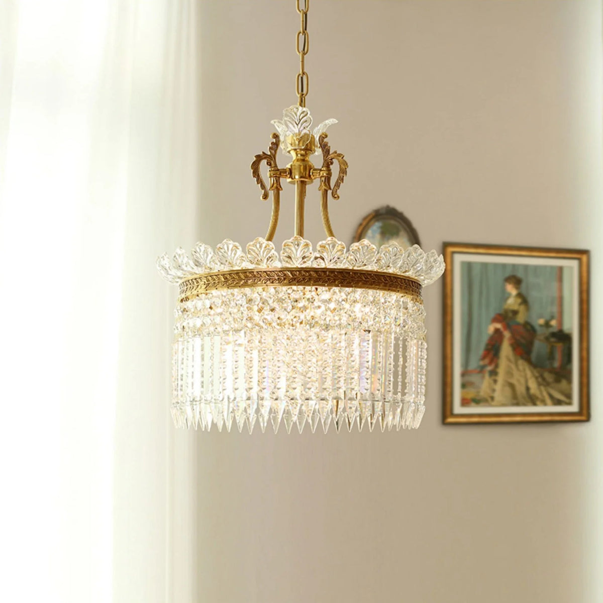 Chandelier | Round Brass & Crystal Prisms | Adjustable Chain