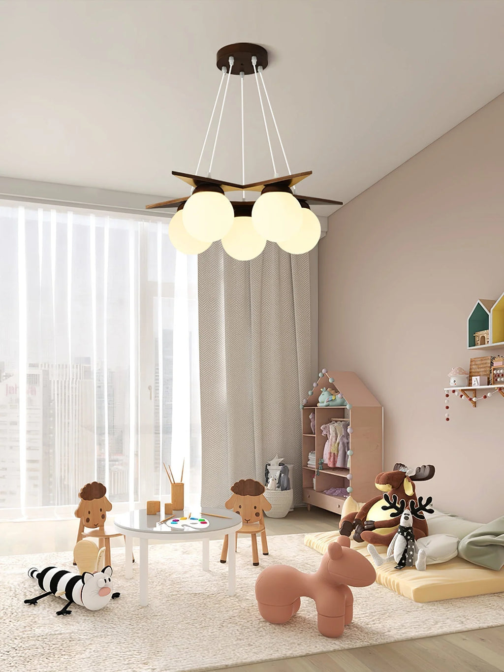 Chandelier | Wood & Glass Star Design | 120 cm Height